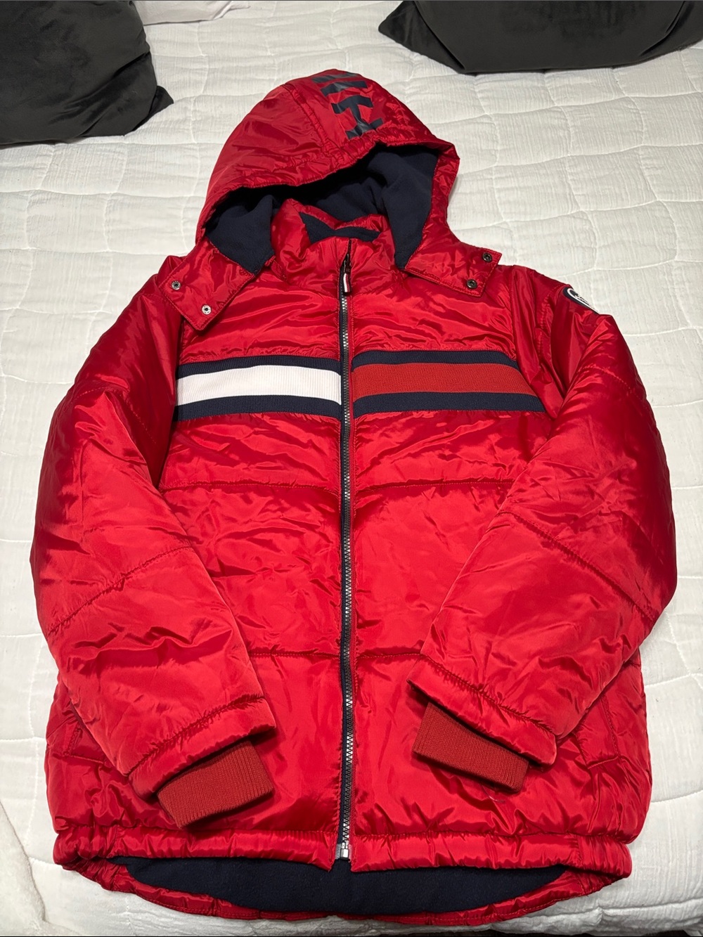 Tommy Hilfiger Red Hooded Puffer Jacket with Navy & White Stripes